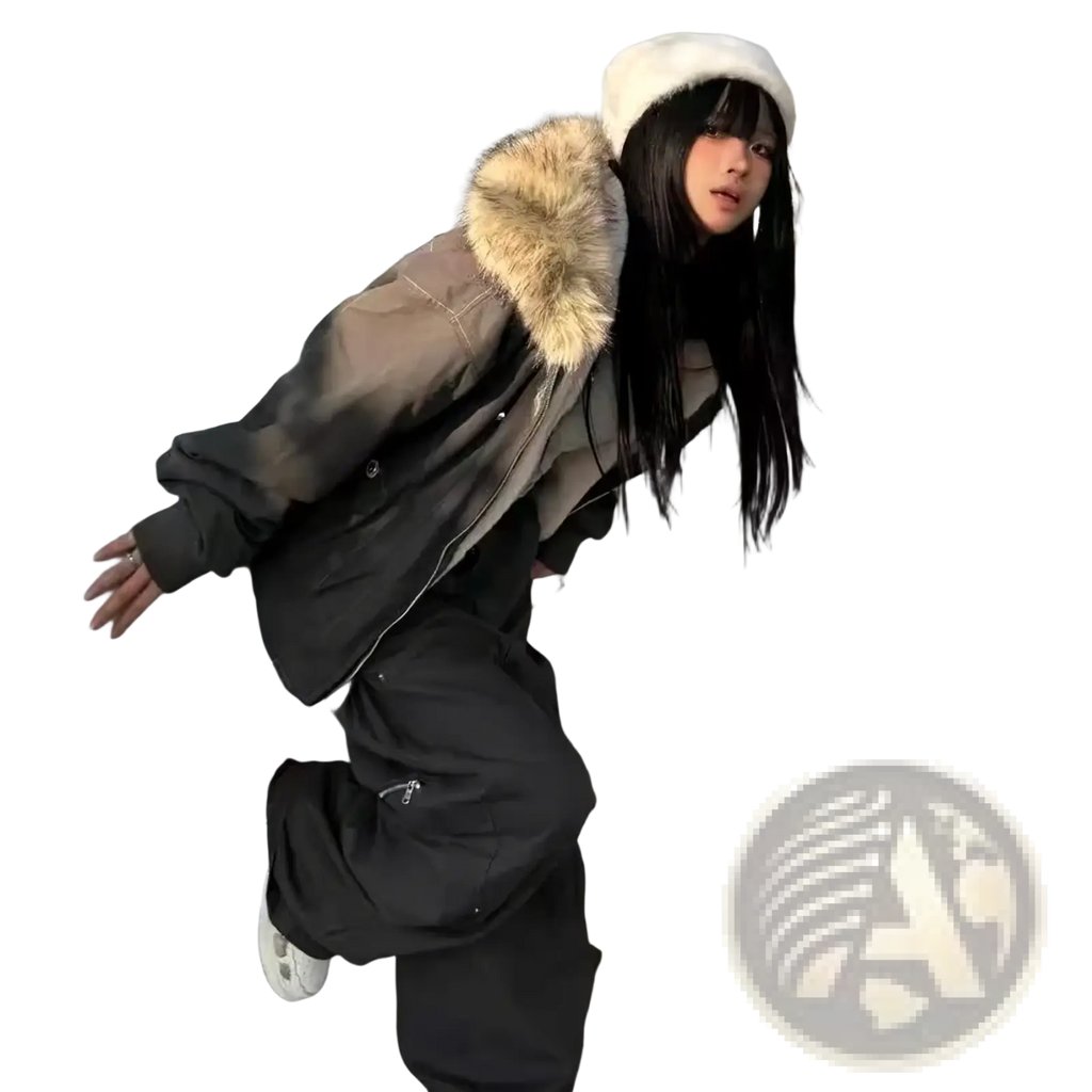 Furry-trimmed beige and black gradient y2k faux fur hooded winter parka designed for cold weather use