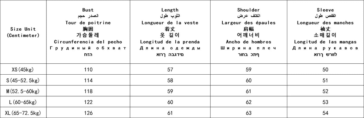 The table shows sizing measurements for the y2k faux fur hooded winter parka in xs to xl sizes