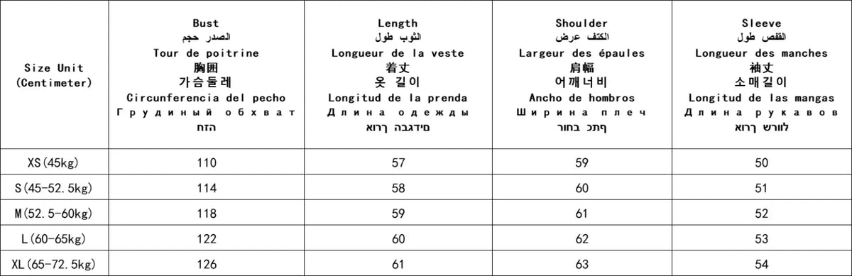 The table shows sizing measurements for the y2k faux fur hooded winter parka in xs to xl sizes
