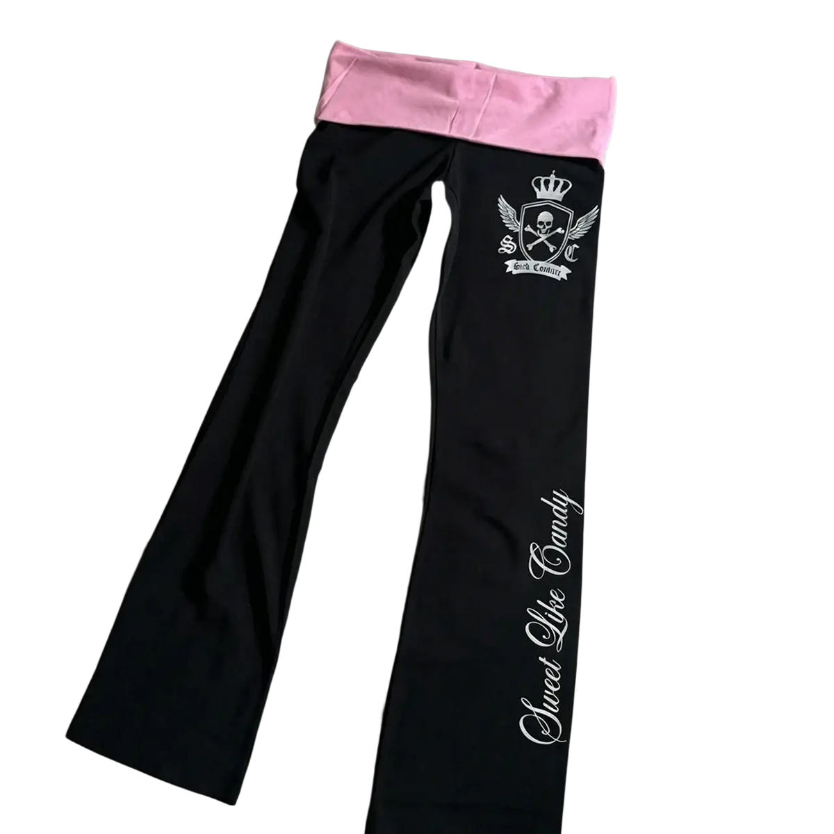 Black leggings with a pink elastic waistband and white embroidered branding along the leg in y2k flare style