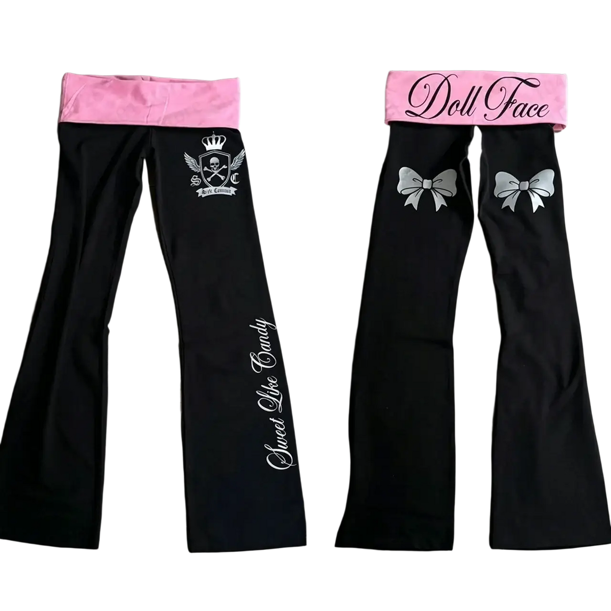 Black Y2k flare leggings with pink waistband featuring white and silver bows and gothic graphic designs