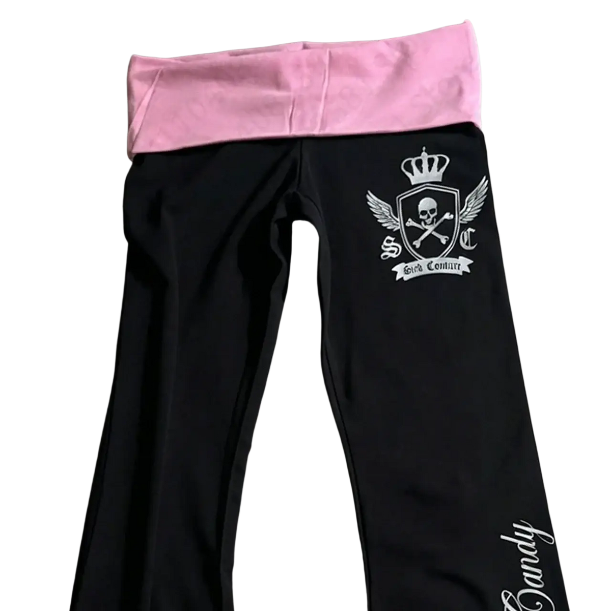 Black stretchy y2k flare leggings with pink velour waistband and white girl couture logo featuring skull wings crown