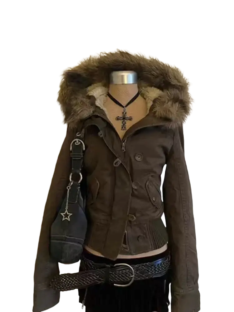 Brown y2k hooded parka with padded faux fur collar and front zipper closure ideal for cold weather wear