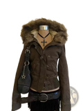 Brown y2k hooded parka with padded faux fur collar and front zipper closure ideal for cold weather wear