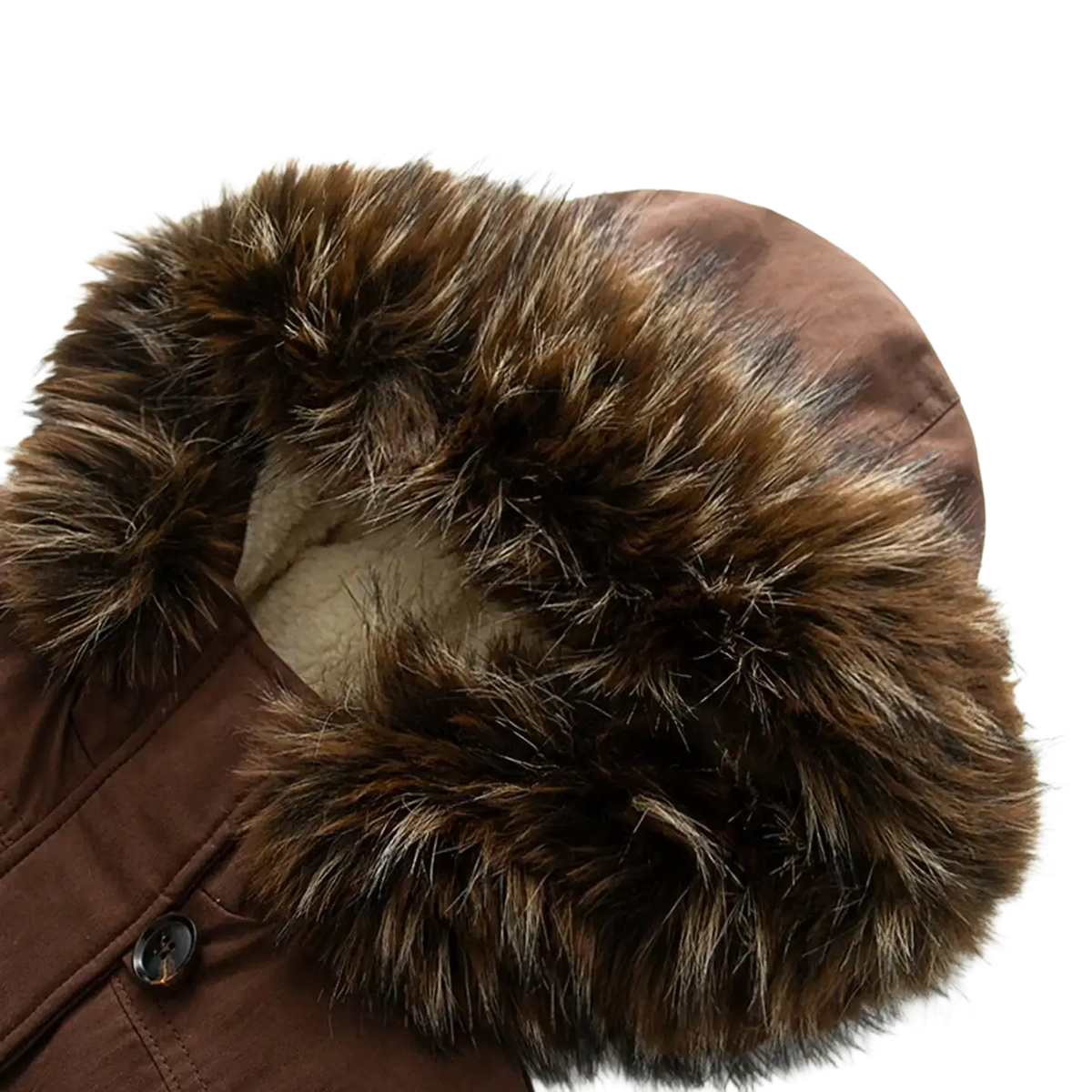 Brown y2k padded parka with a plush multi-toned fur-lined hood for stylish cold weather wear