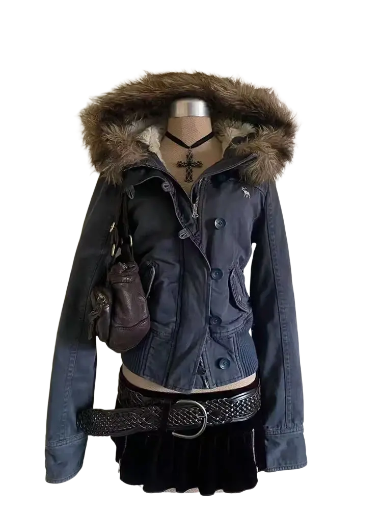 Dark blue denim y2k fur collar padded parka with fluffy brown fur-lined hood and front button closure