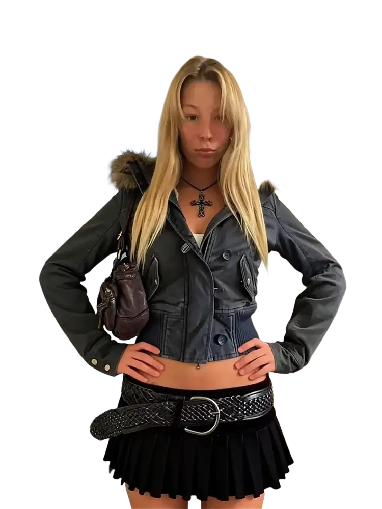 Dark gray denim y2k fur collar padded parka with fur-lined hood and button closures for cold weather