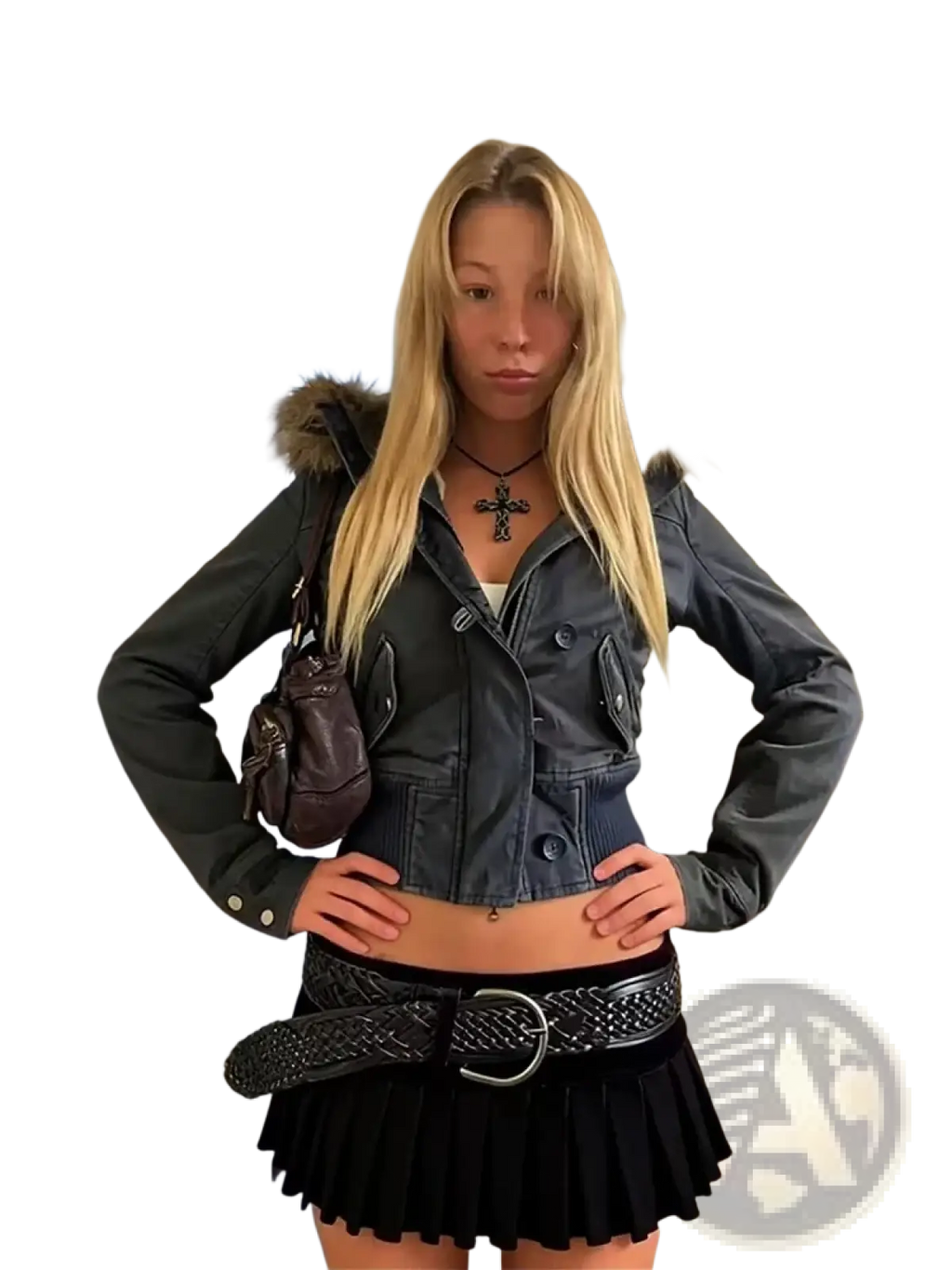 Dark gray denim y2k fur collar padded parka with fur-lined hood and button closures for cold weather