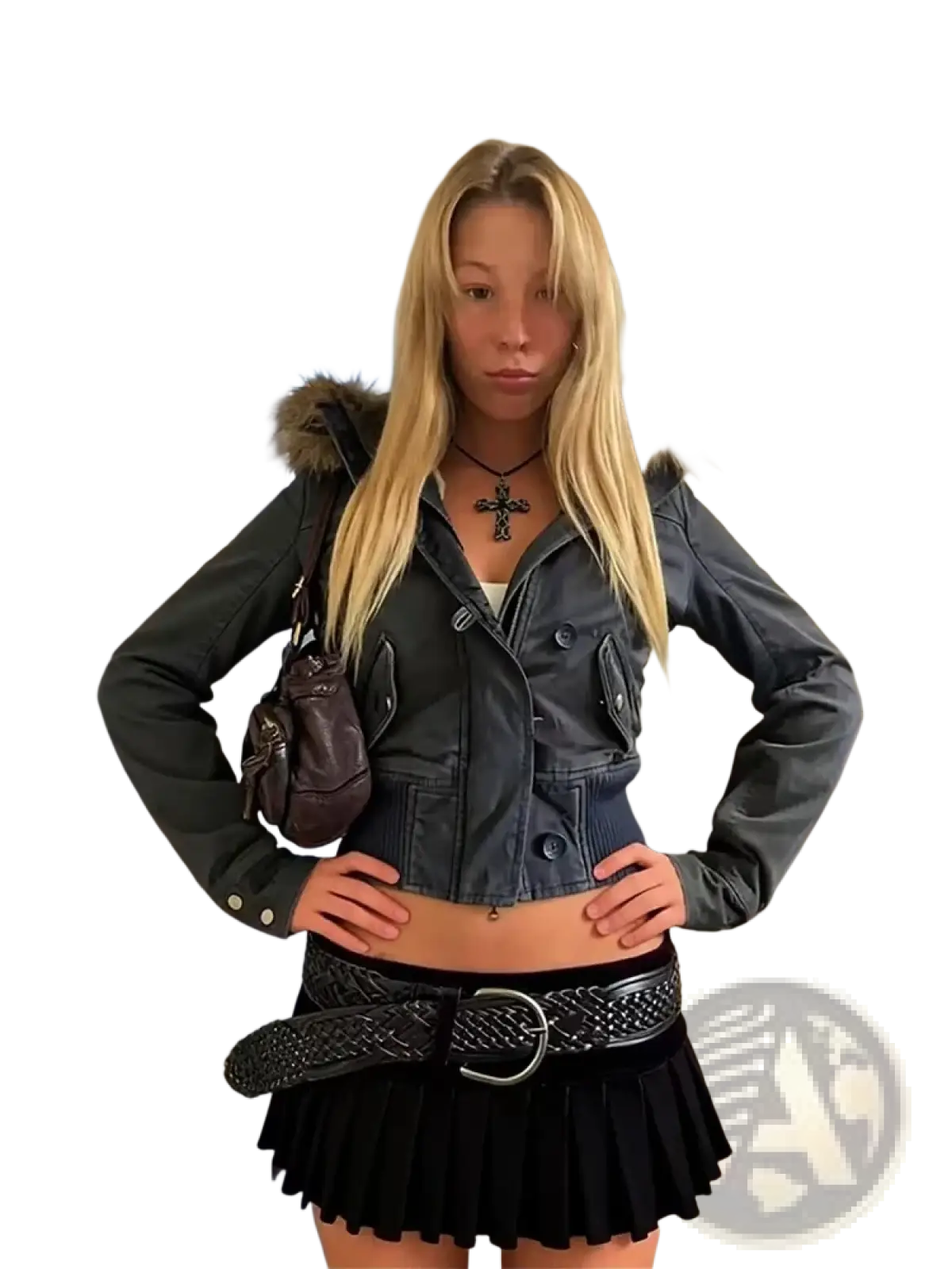 Dark gray denim y2k fur collar padded parka with fur-lined hood and button closures for cold weather