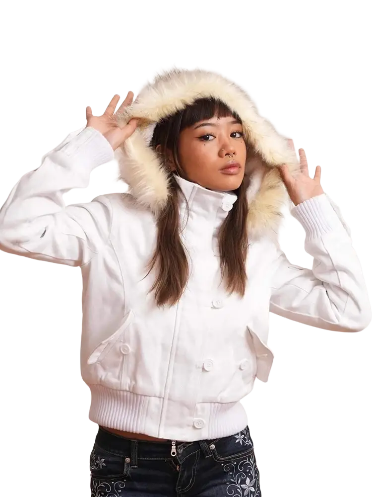 White hooded y2k fur collar padded parka with fluffy beige fur trim and double-breasted button closure