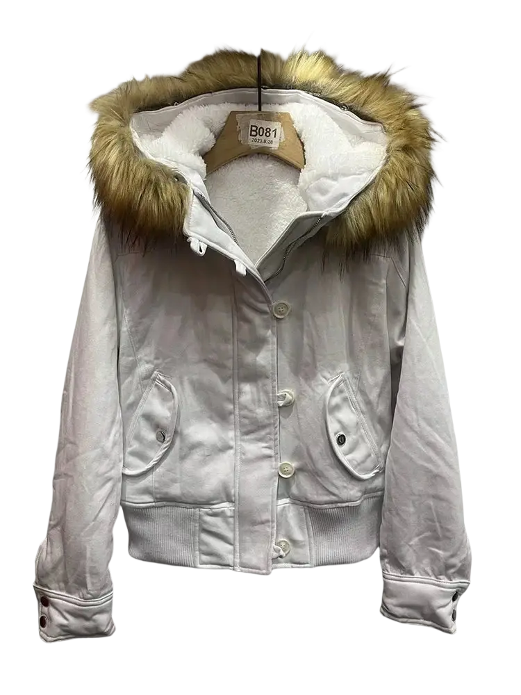 White winter coat y2k fur collar padded parka with plush golden brown fur-lined hood and button closures