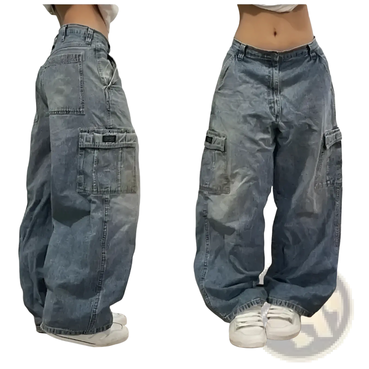 Light-wash denim y2k gothic graphic wide leg jeans for men with multiple cargo pockets and wide legs