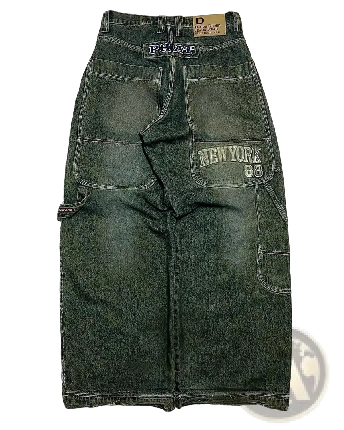 Dark green denim cargo pants for men featuring new york 88 embroidery and phat patch in y2k gothic wide leg style
