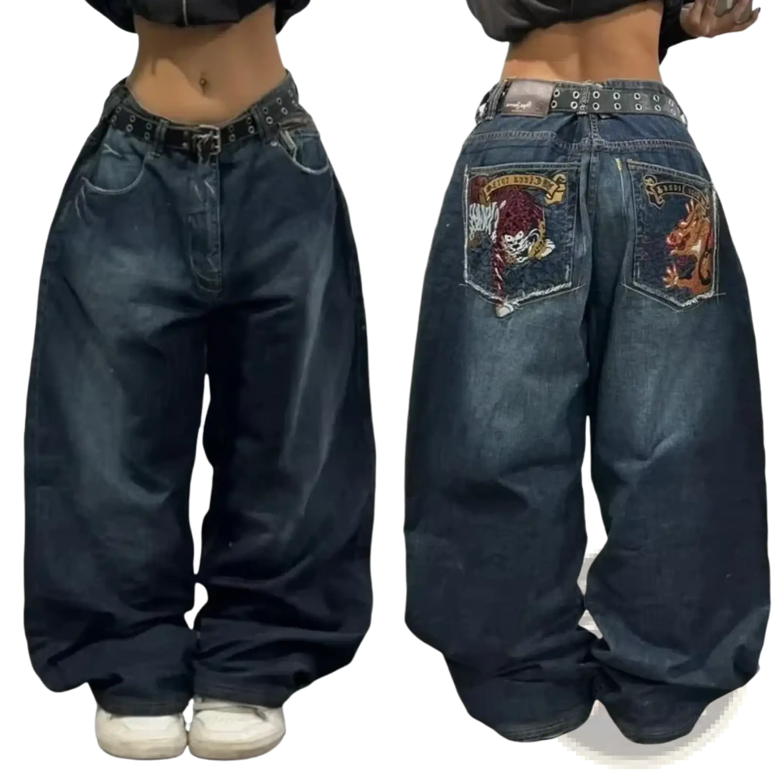 Back side of dark blue denim y2k gothic graphic wide leg jeans for men with skull and dragon embroidered patches