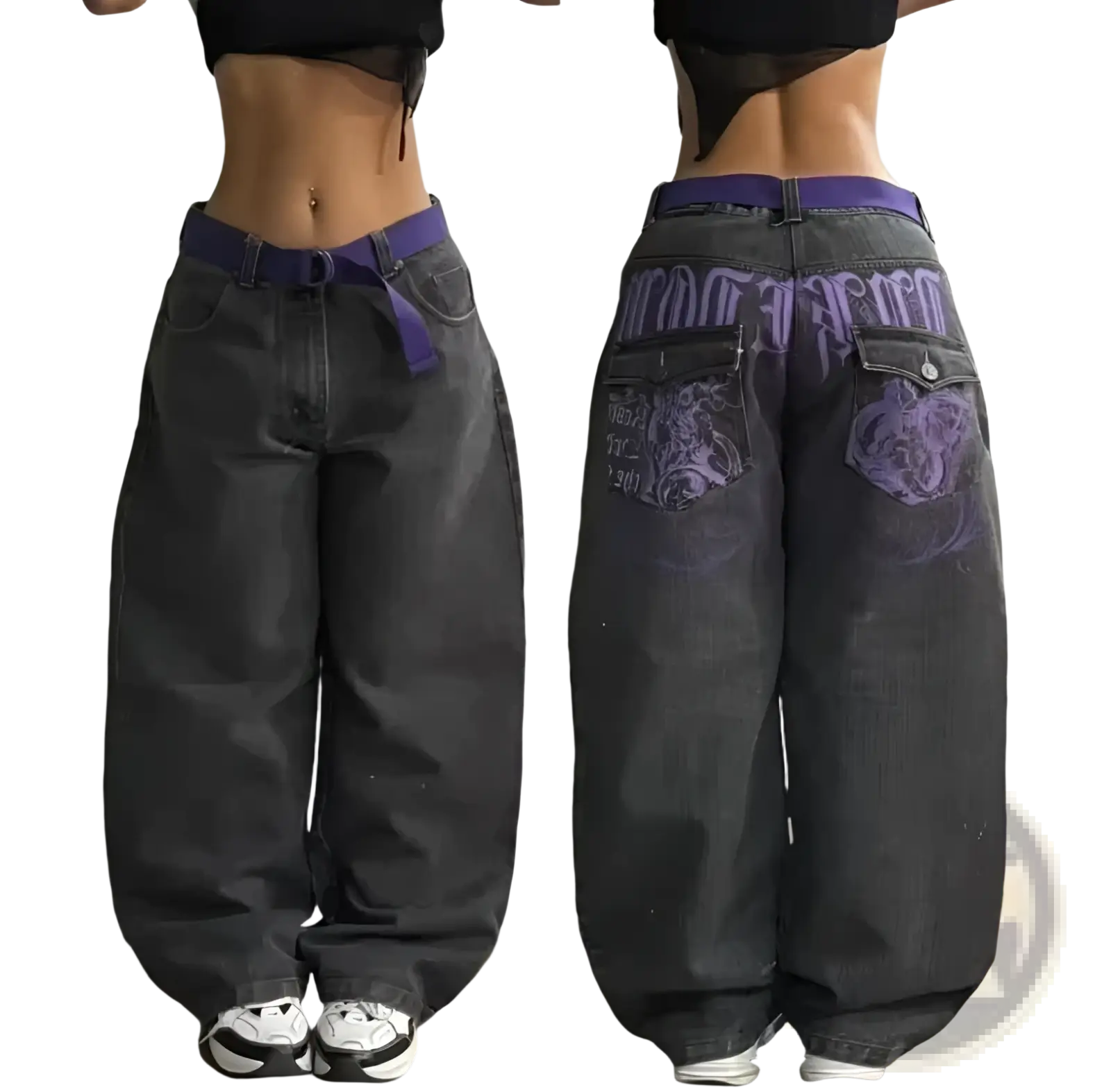 Back side of y2k gothic graphic wide leg jeans men in dark gray with purple belt and intricate purple pocket designs