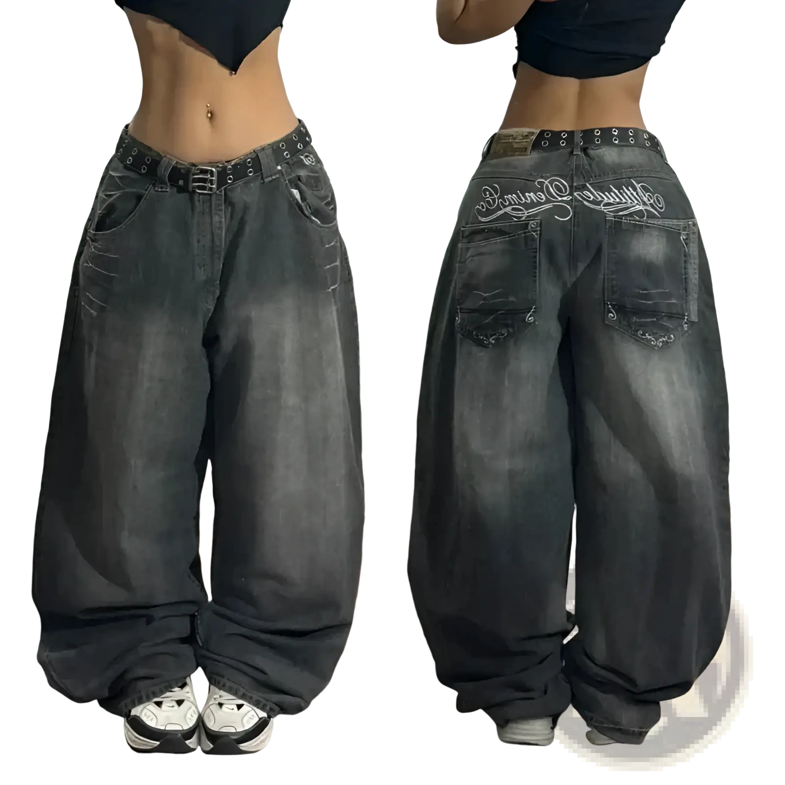 Dark gray wide-leg denim jeans with distressed look and white embroidered text on the back pocket, back side view