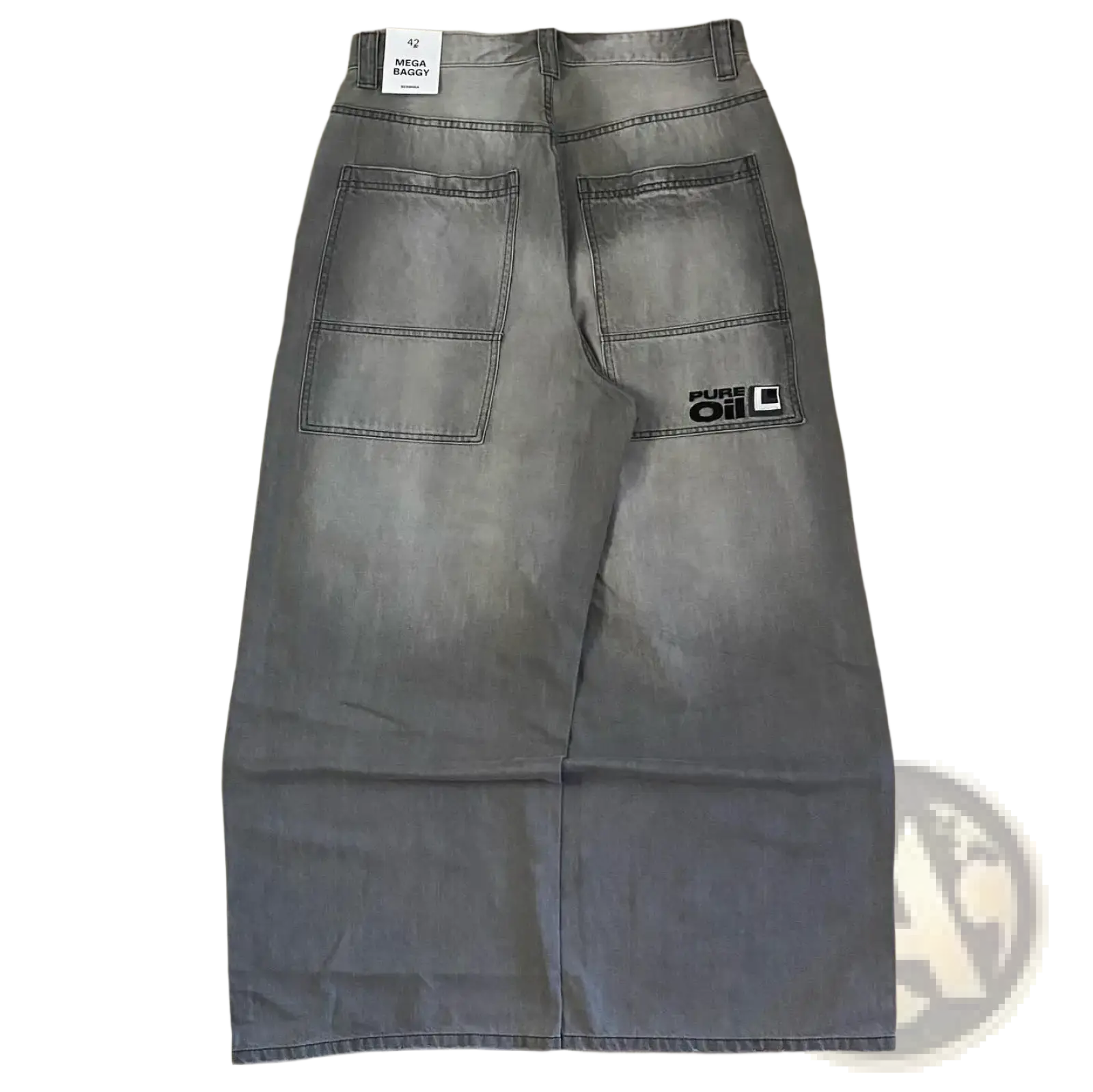 Back side of a gray denim skirt with two large pockets and pure oil logo patch in y2k gothic graphic wide leg jeans men style