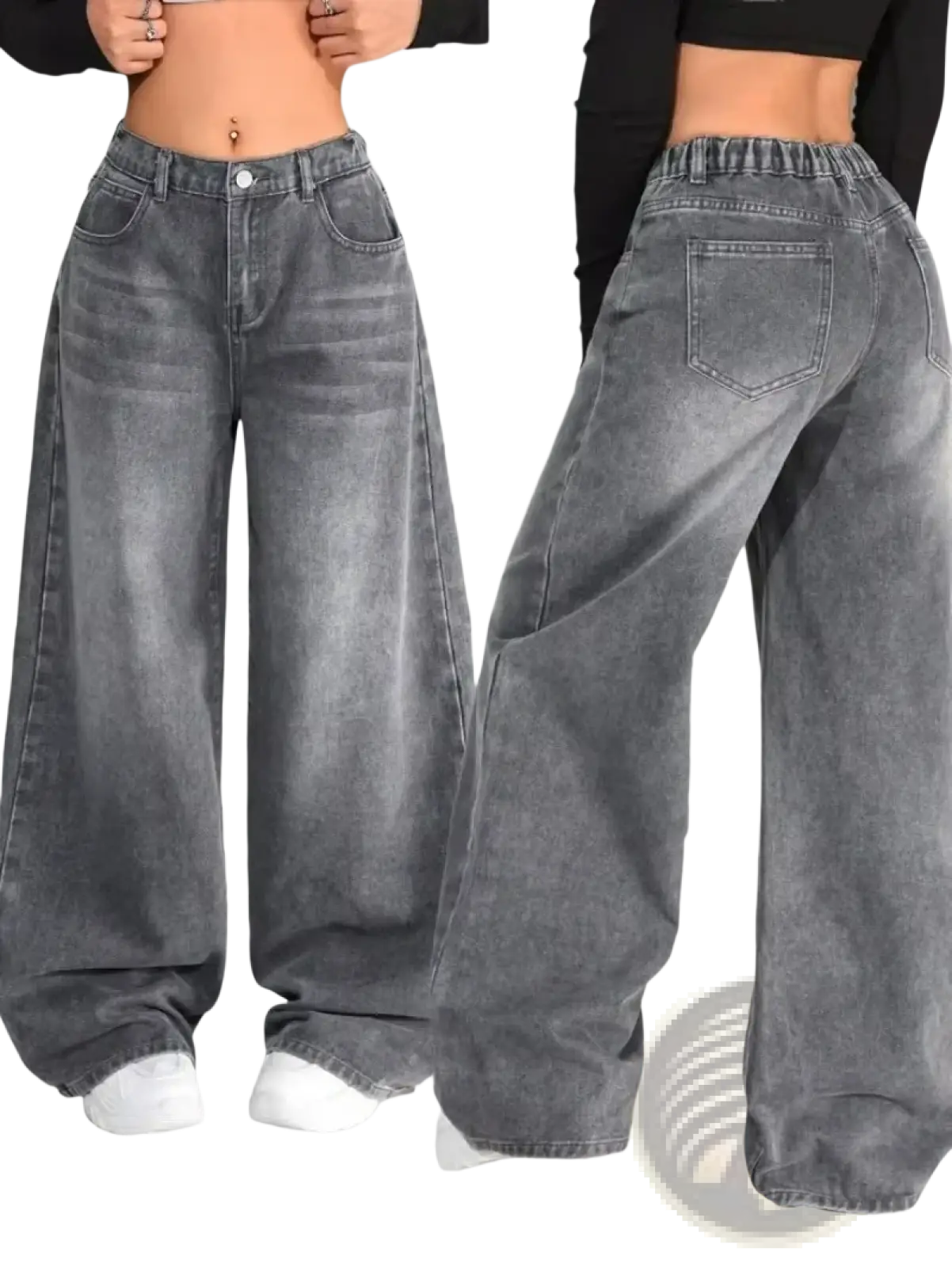 Y2k gothic graphic wide leg jeans men in gray denim with relaxed faded wash and elastic waistband
