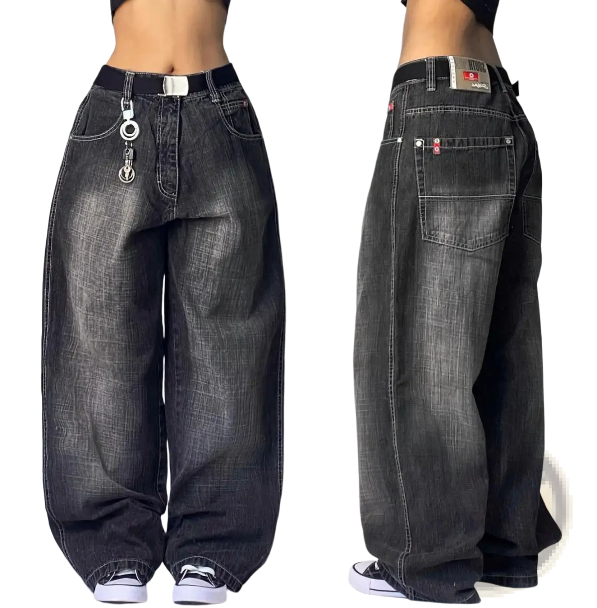 Y2k gothic graphic wide leg jeans men in dark gray denim with faded wash and silver toned hardware