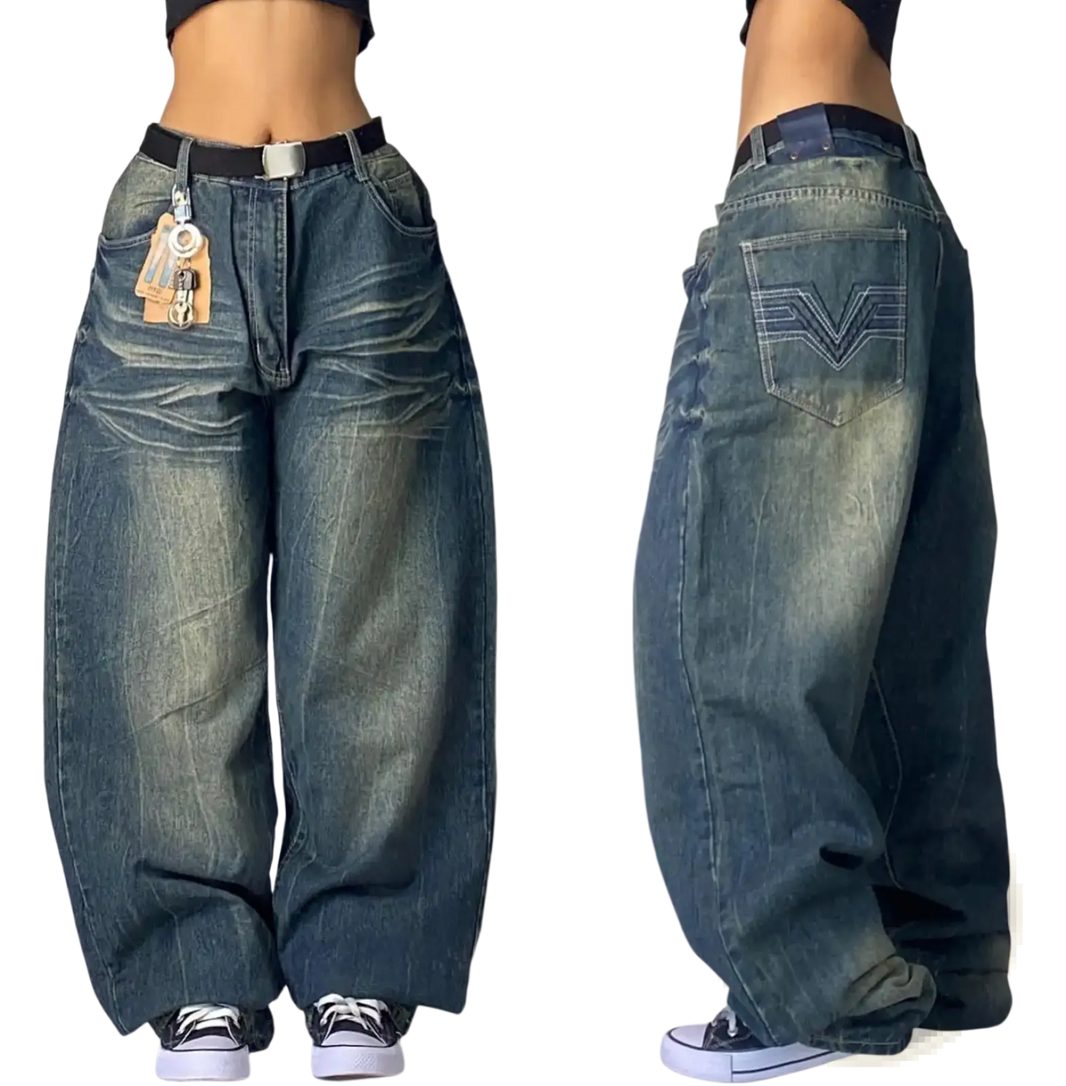 Dark blue wide-leg denim jeans with faded wash and stitched v-shaped logo on back pocket showing back side