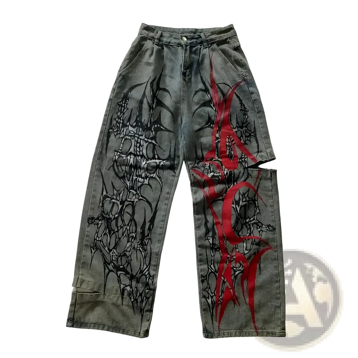 Dark gray denim y2k gothic graphic wide leg jeans for men with bold black and red graffiti and ripped knee detail