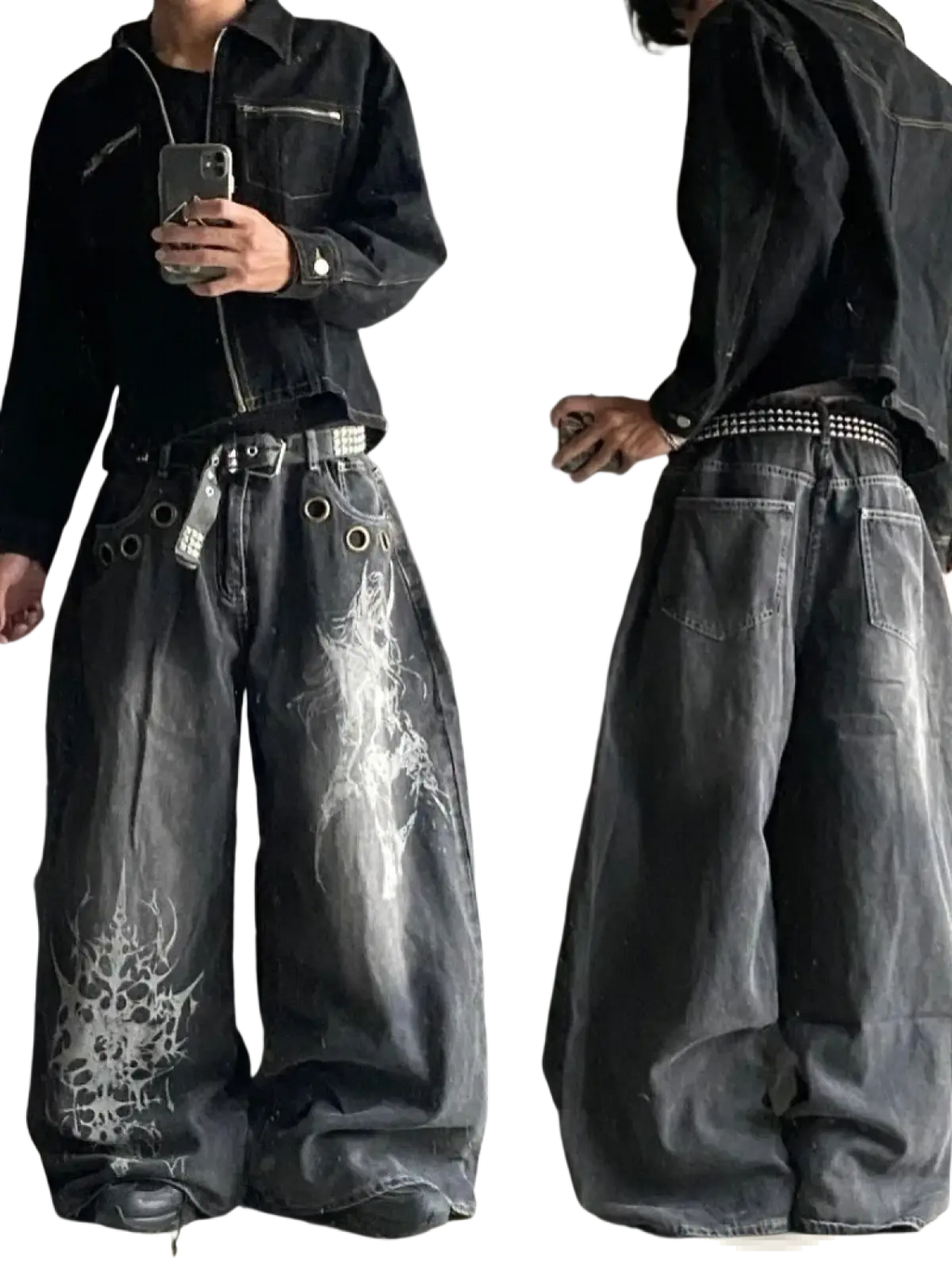 Black denim wide leg jeans with white ghost and spiderweb graphics for men y2k gothic style
