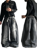 Black denim wide leg jeans with white ghost and spiderweb graphics for men y2k gothic style