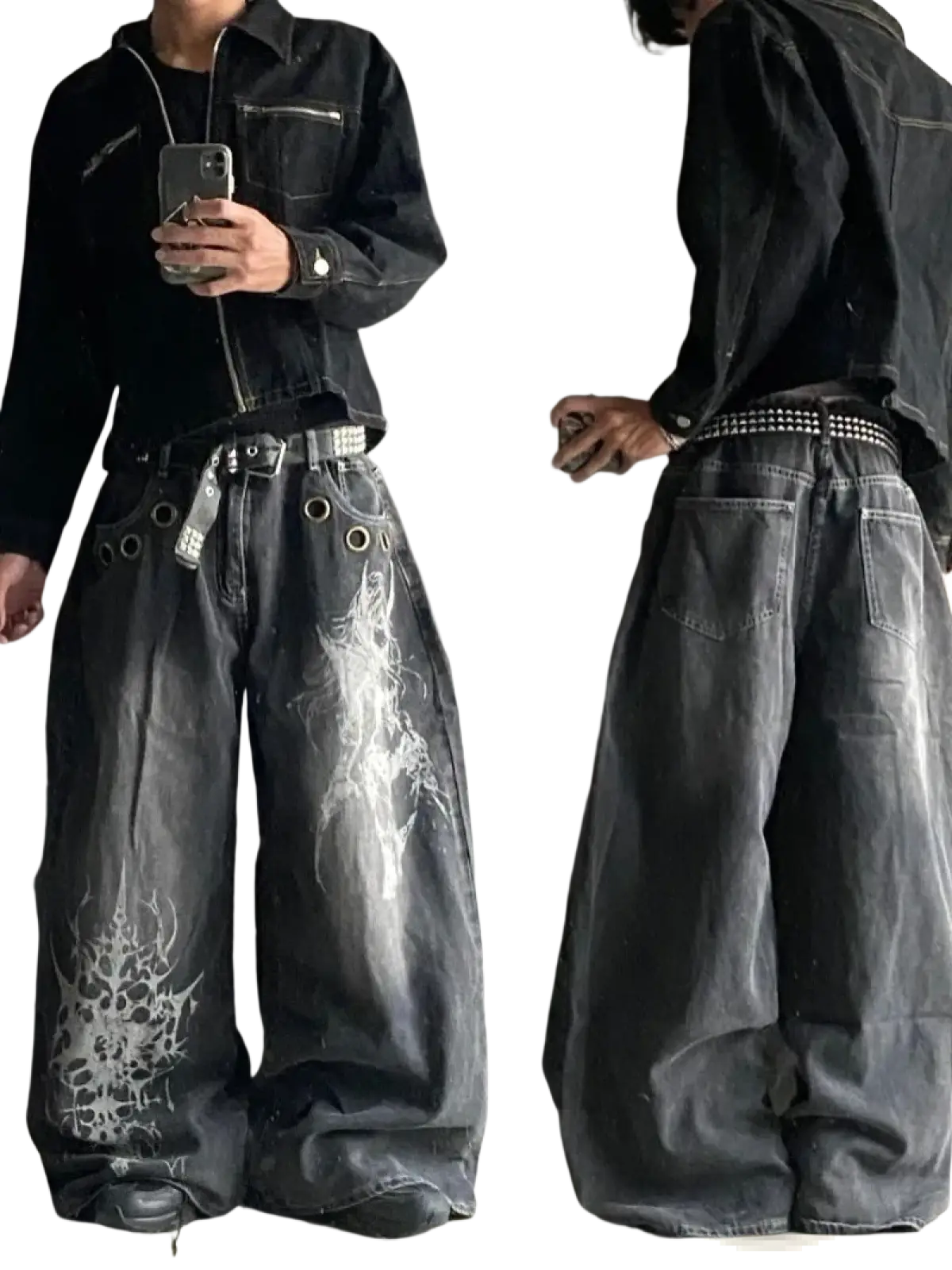 Black denim wide leg jeans with white ghost and spiderweb graphics for men y2k gothic style