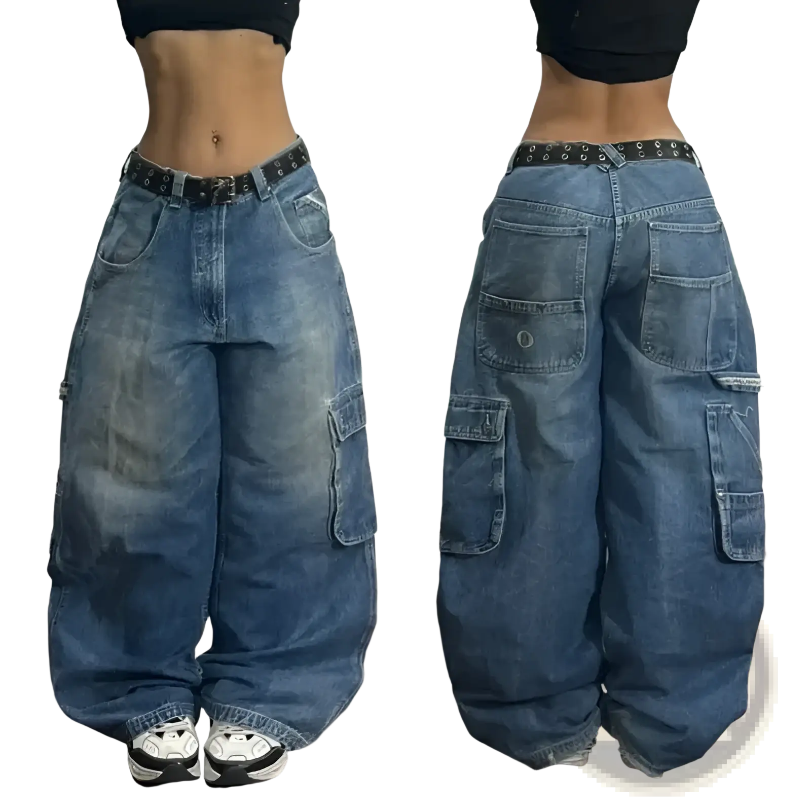 Wide-leg denim pants with faded blue wash, multiple cargo pockets, and black studded belt from y2k gothic graphic jeans men