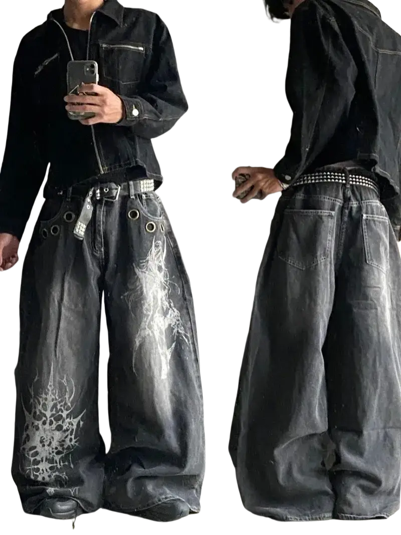 Black denim wide leg jeans with white ghost and spiderweb graphics for men y2k gothic style