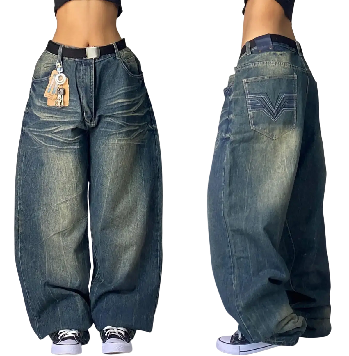 Dark blue wide-leg denim jeans with faded wash and stitched v-shaped logo on back pocket showing back side