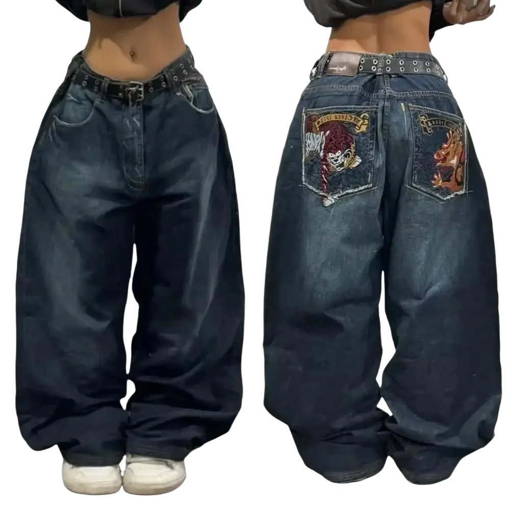 Back side of dark blue denim y2k gothic graphic wide leg jeans for men with skull and dragon embroidered patches