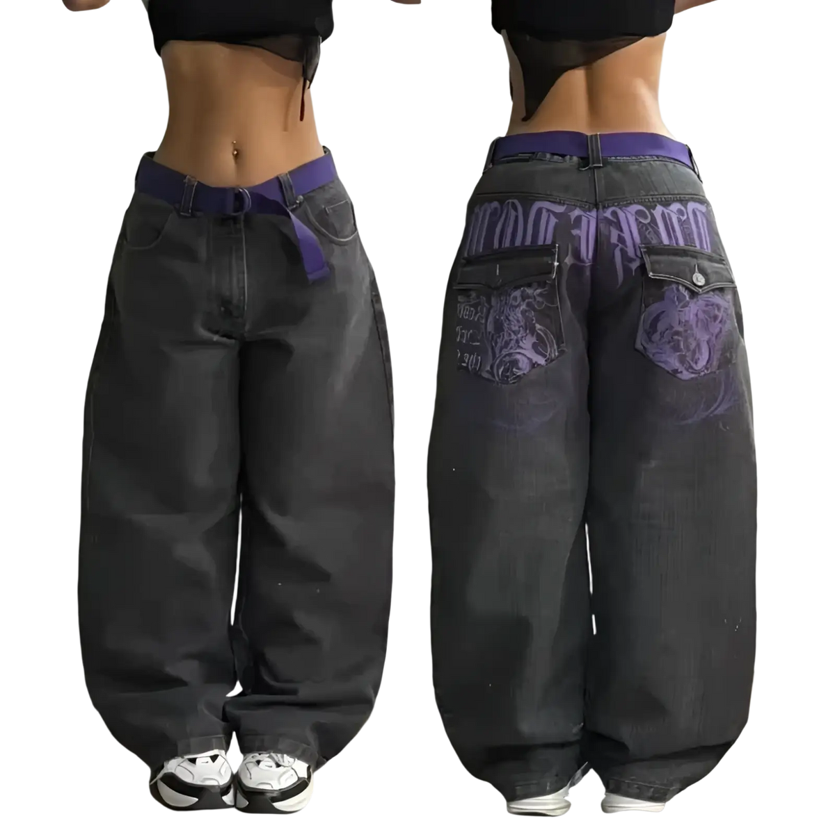 Back side of y2k gothic graphic wide leg jeans men in dark gray with purple belt and intricate purple pocket designs