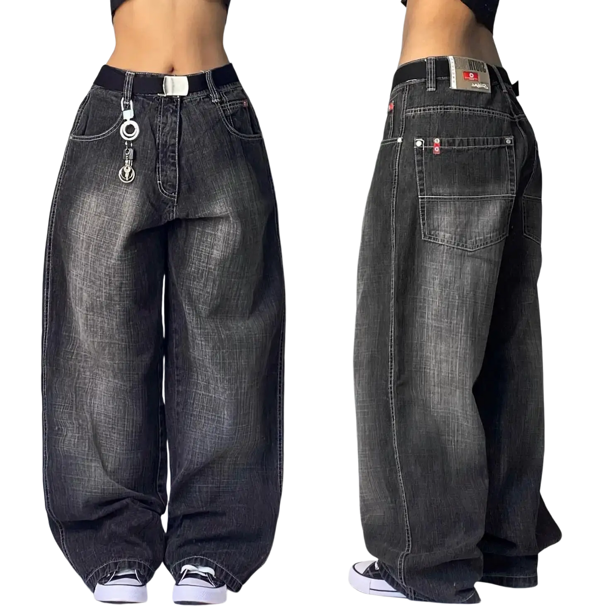 Y2k gothic graphic wide leg jeans men in dark gray denim with faded wash and silver toned hardware