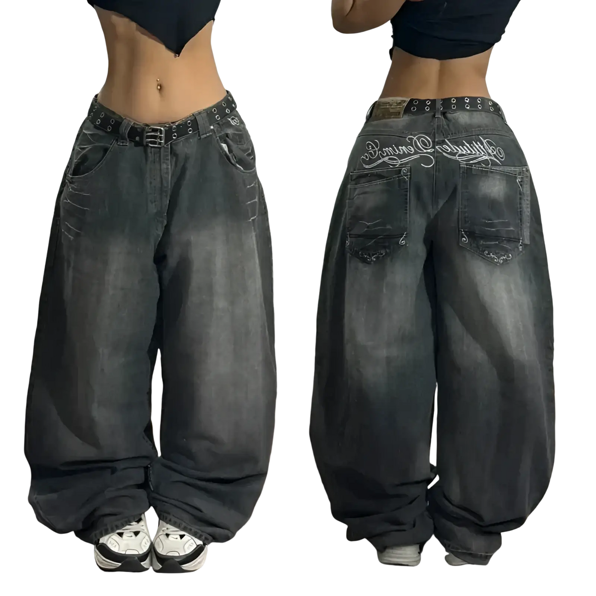 Dark gray wide-leg denim jeans with distressed look and white embroidered text on the back pocket, back side view
