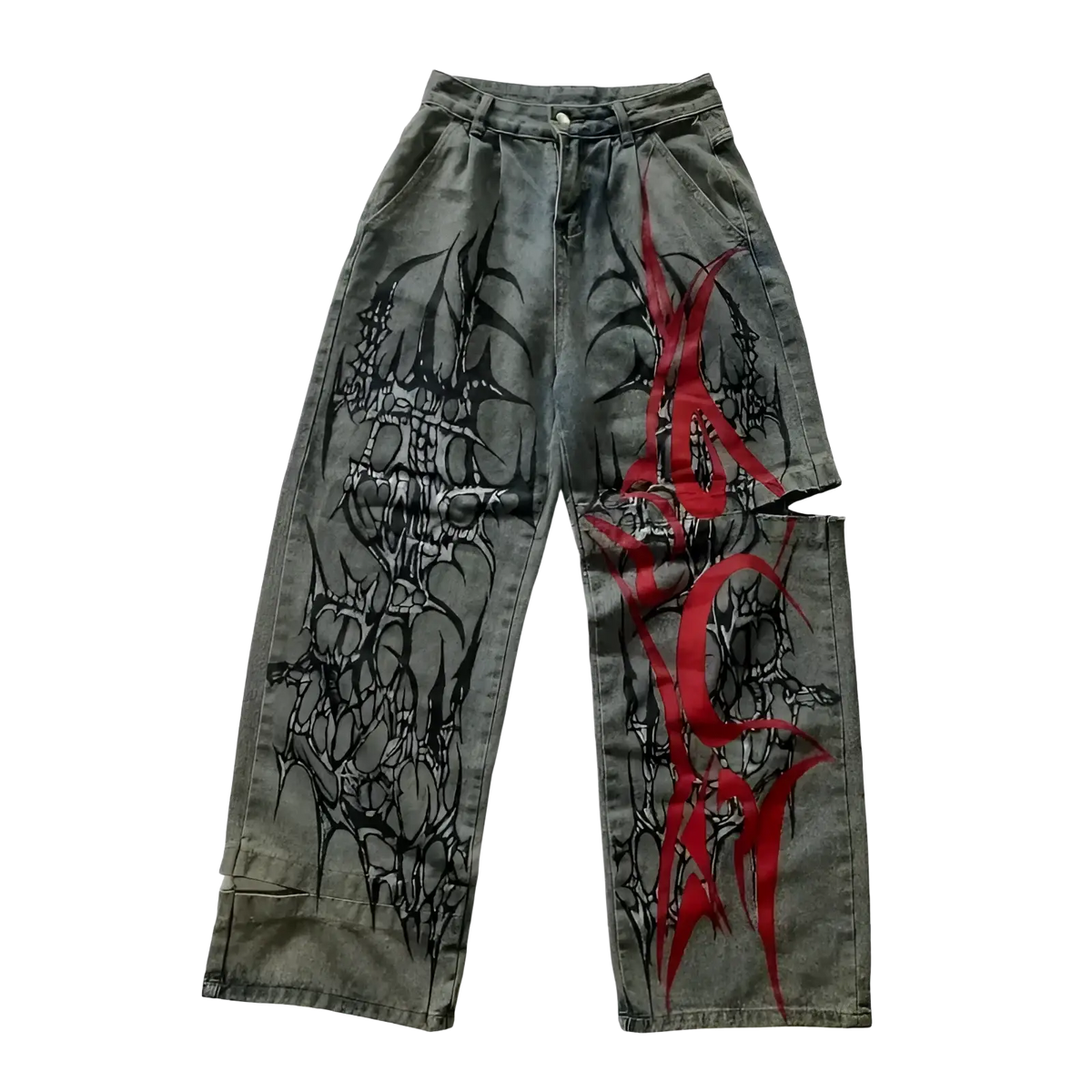 Dark gray denim y2k gothic graphic wide leg jeans for men with bold black and red graffiti and ripped knee detail