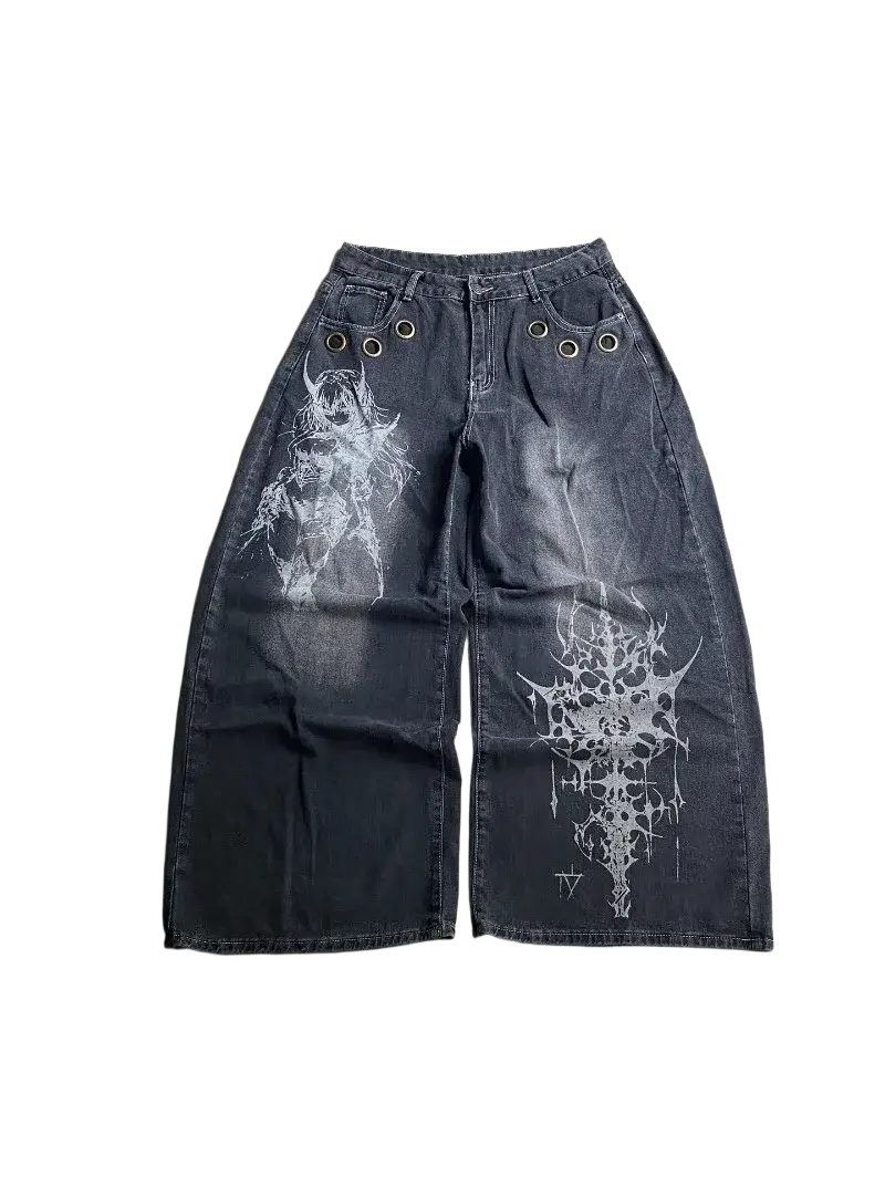 Dark gray denim wide-leg jeans for men with white gothic-style horned figure and ornate skull graphic prints