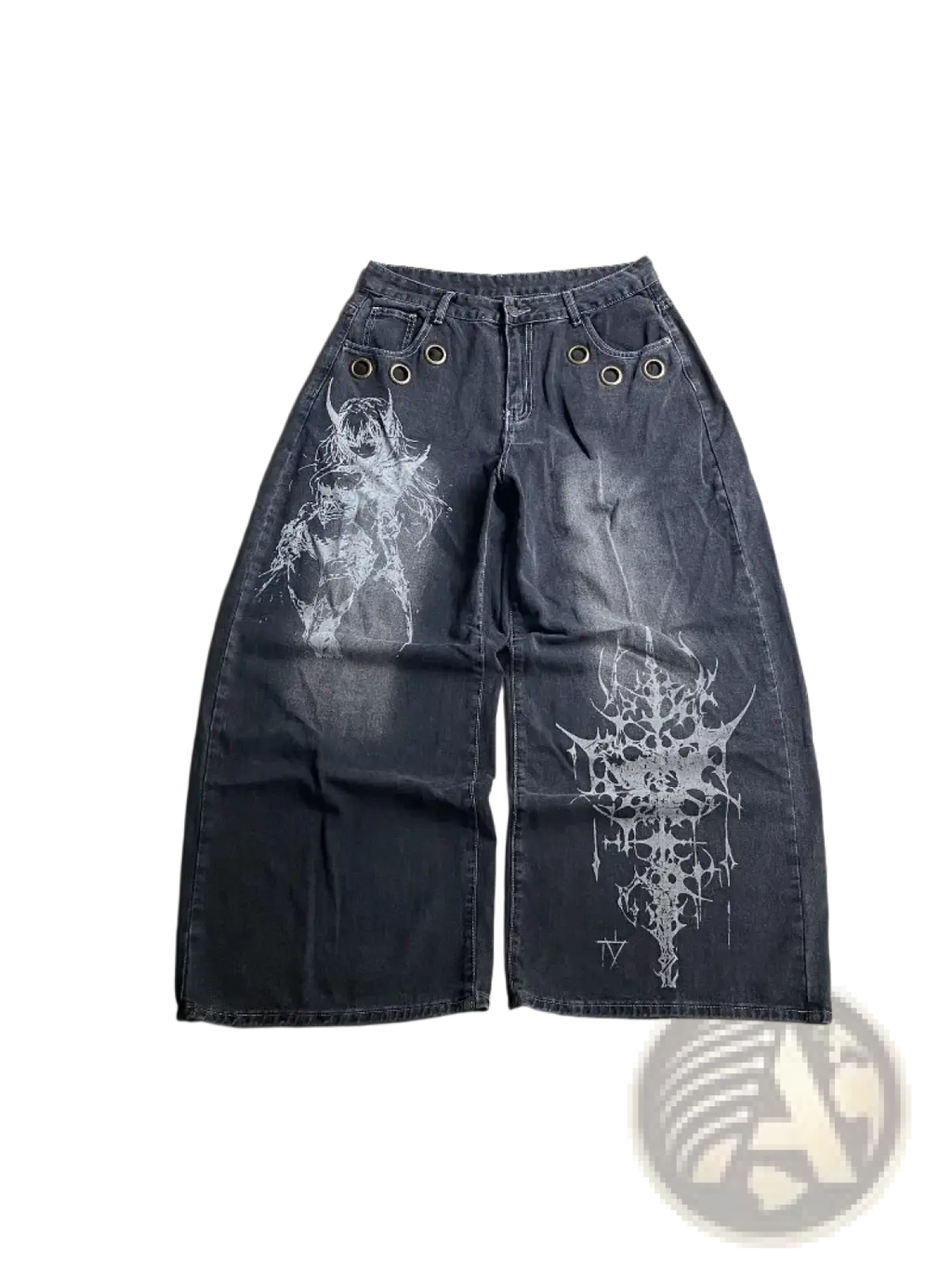 Dark gray denim wide-leg jeans for men with white gothic-style horned figure and ornate skull graphic prints