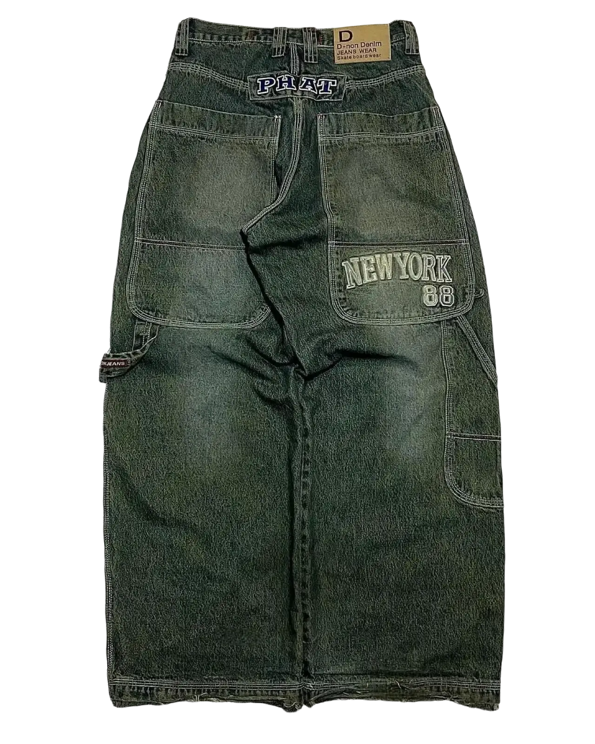 Dark green denim cargo pants for men featuring new york 88 embroidery and phat patch in y2k gothic wide leg style