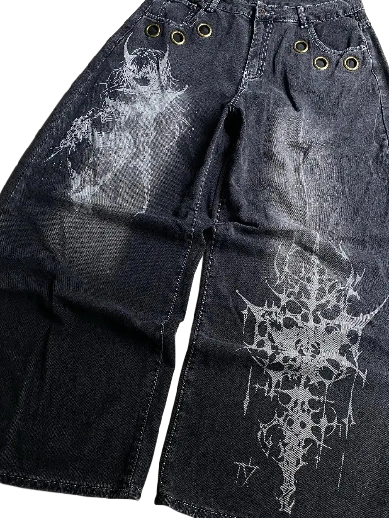 Dark wash denim y2k gothic graphic wide leg jeans for men featuring bold white horned figure and spiky prints