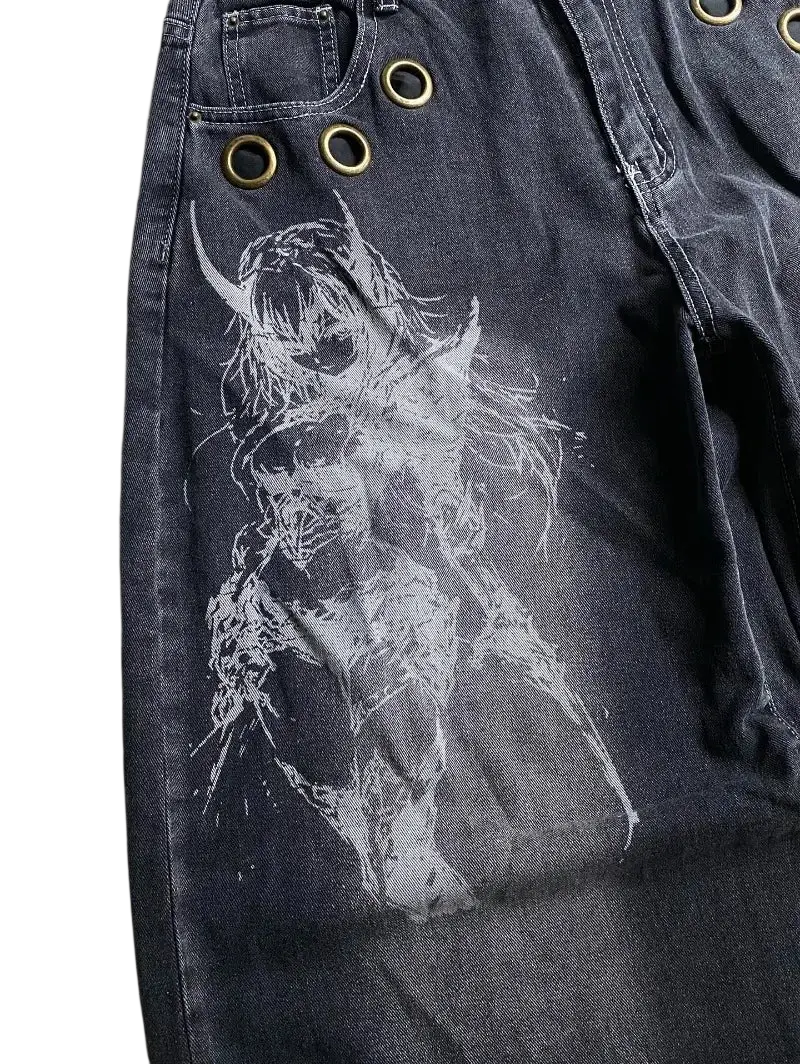 Dark-wash denim Y2k gothic graphic wide leg jeans for men featuring a white stylized anime character with horns