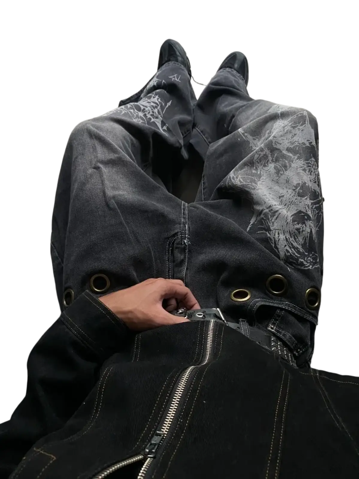 Dark-wash denim y2k gothic graphic wide leg jeans for men with distressed skull pattern and metallic grommets on cuffs