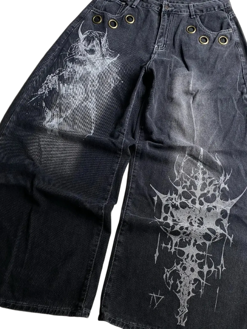 Dark wash denim y2k gothic graphic wide leg jeans for men featuring bold white horned figure and spiky prints