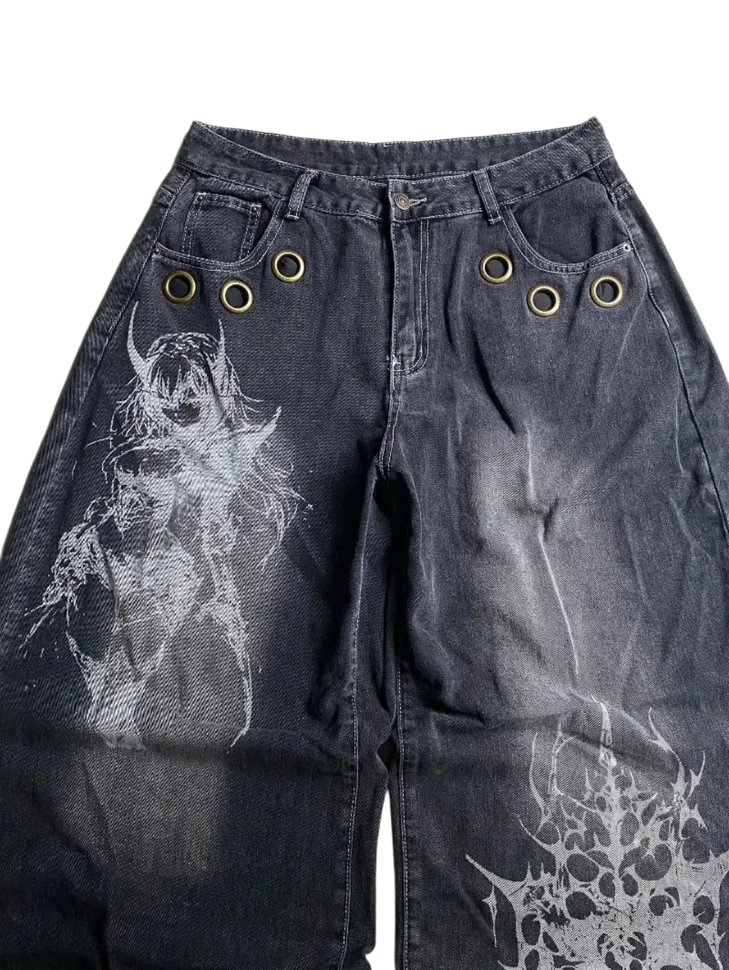 Dark wash denim y2k gothic graphic wide leg jeans for men with white demonic print and gold metal grommets on pockets