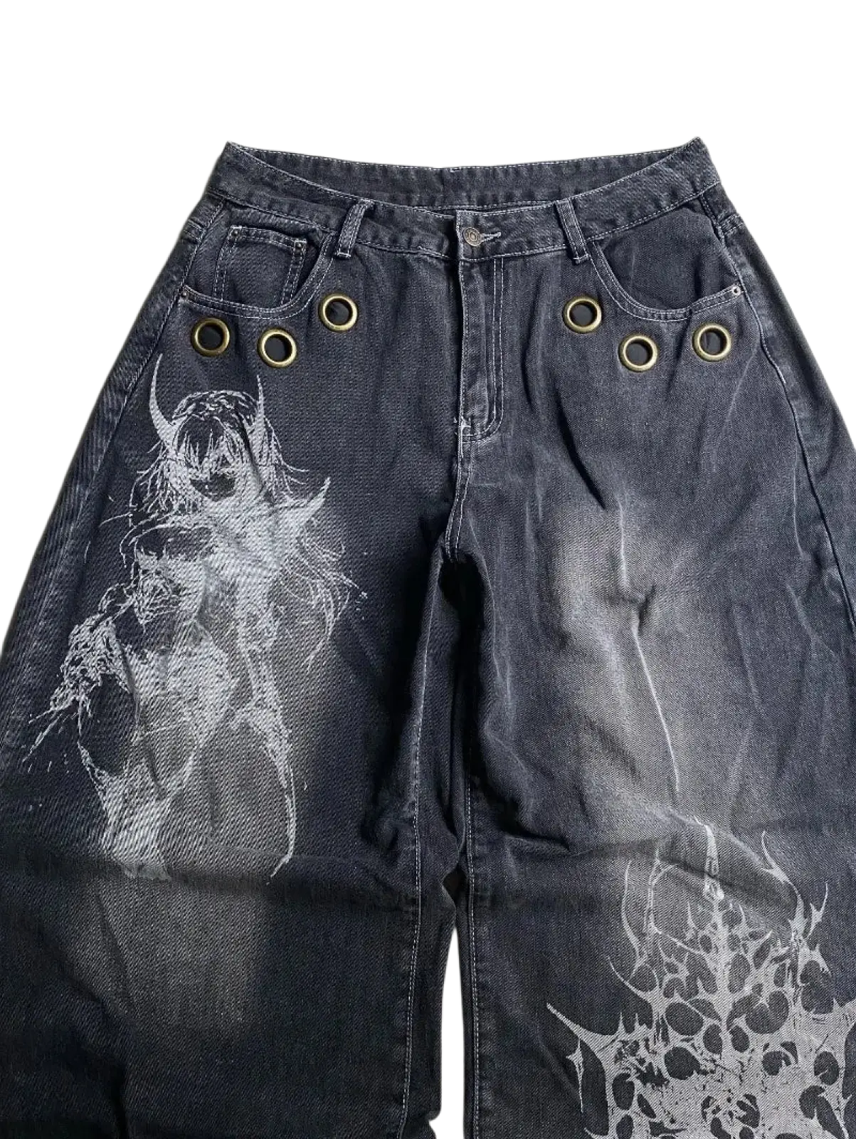 Dark wash denim y2k gothic graphic wide leg jeans for men with white demonic print and gold metal grommets on pockets