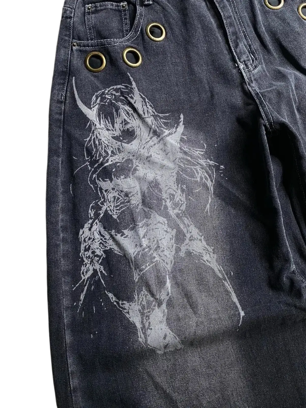Dark-wash denim Y2k gothic graphic wide leg jeans for men featuring a white stylized anime character with horns