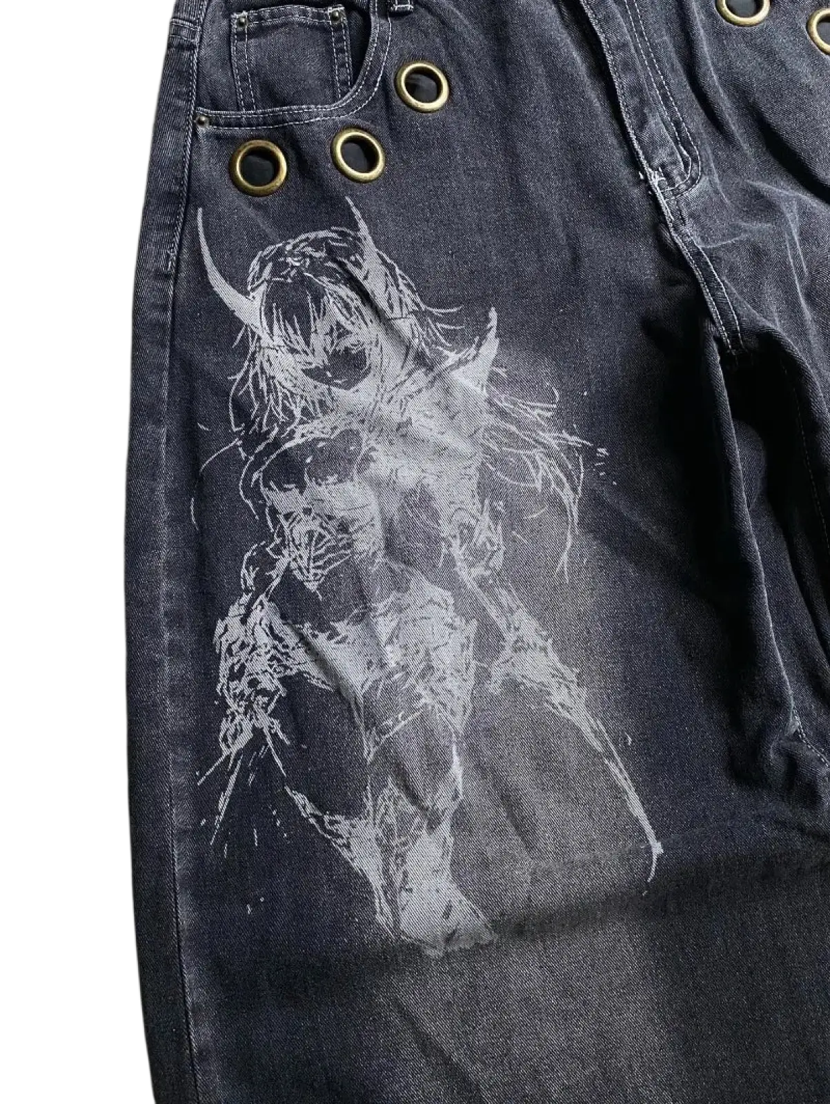 Dark-wash denim Y2k gothic graphic wide leg jeans for men featuring a white stylized anime character with horns