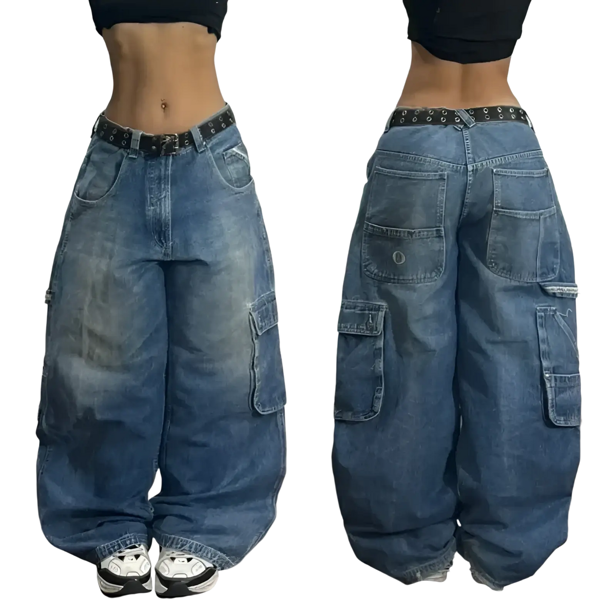 Wide-leg denim pants with faded blue wash, multiple cargo pockets, and black studded belt from y2k gothic graphic jeans men