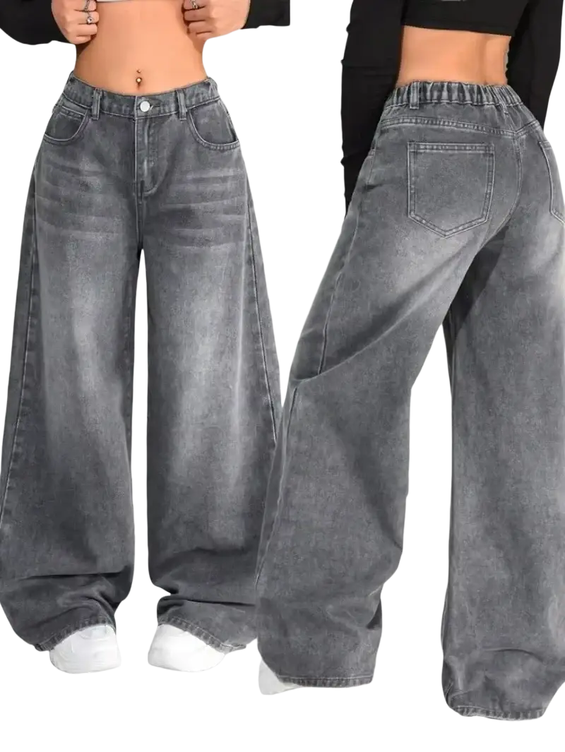 Y2k gothic graphic wide leg jeans men in gray denim with relaxed faded wash and elastic waistband