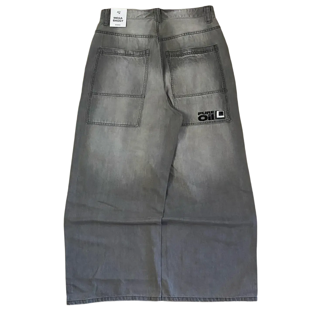 Back side of a gray denim skirt with two large pockets and pure oil logo patch in y2k gothic graphic wide leg jeans men style